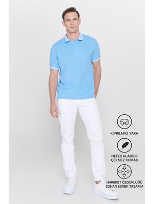 Altınyıldız Classics Erkek Çekmeyen Pamuklu Kumaş Regular Fit Rahat Kesim Mavi Kıvrılmaz Polo Yaka Cepli Tişört