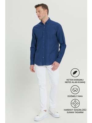 Altınyıldız Classics Erkek Indigo Keten Comfort Fit Rahat Kesim Düğmeli Yaka Casual Gömlek