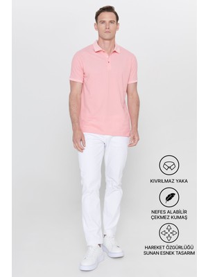 Altınyıldız Classics Erkek Çekmeyen Pamuklu Kumaş Slim Fit Dar Kesim Pembe-Beyaz Kıvrılmaz Polo Yaka Tişört