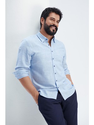 Altınyıldız Classics Erkek Açık Mavi Slim Fit Dar Kesim Spor Gömlek %100 Pamuk Gizli Düğmeli Yaka