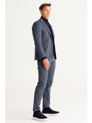 Altınyıldız Classics Erkek Lacivert-Gri Slim Fit Dar Kesim Kırlangıç Yaka Desenli Takım Elbise
