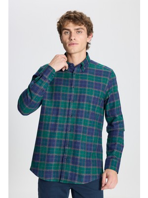 Altınyıldız Classics Erkek Yeşil-Lacivert Slim Fit Dar Kesim Düğmeli Yaka %100 Pamuk Oduncu Gömlek