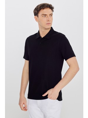 Altınyıldız Classics Erkek Siyah %100 Pamuk Trend Mevsimlik Fitilli Tişört Slim Fit Polo Yaka