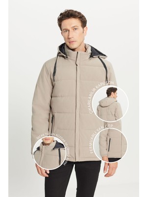 Altınyıldız Classics Erkek Vizon Sıcak Tutan Dolgulu Standart Fit Normal Kesim Dik Yaka Kapüşonlu Yan Cepli Casual Mont
