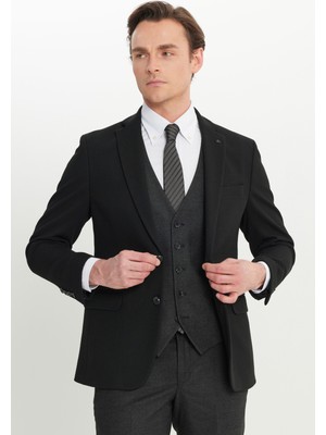 Altınyıldız Classics Erkek Siyah-Antrasit Slim Fit Dar Kesim Mono Yaka Kapak Cepli Yelekli Takım Elbise