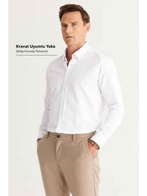 Altınyıldız Classics Erkek Beyaz Kolay Ütülenebilir Slim Fit Dar Kesim Oxford Düğmeli Yaka Armürlü Pamuklu Gömlek