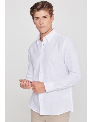 Altınyıldız Classics Erkek Beyaz %100 Pamuk Slim Fit Dar Kesim Gizli Düğmeli Yaka Keten Görünümlü Flamlı Gömlek