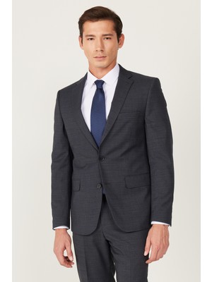 Altınyıldız Classics Erkek Antrasit-lacivert Yünlü Ekstra Slim Fit Dar Kesim Mono Yaka Desenli Takım Elbise