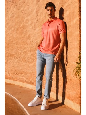 Altınyıldız Classics Erkek Çekmeyen Pamuklu Kumaş Slim Fit Dar Kesim Narçiçeği-Beyaz Kıvrılmaz Polo Yaka Tişört
