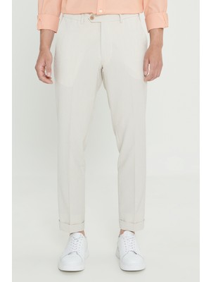 Altınyıldız Classics Erkek Bej Slim Fit Dar Kesim Kırışmaz Kumaş Gofre Desenli Beli Lastikli Pantolon