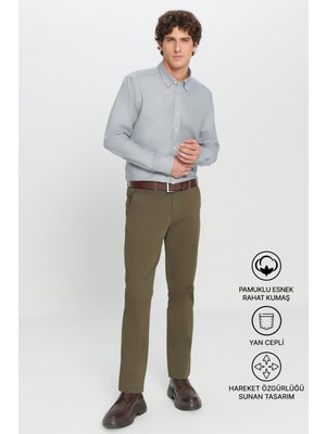 Altınyıldız Classics Erkek Haki Diz İzi Yapmayan Slim Fit Dar Kesim Pamuklu Yan Cep Esnek Chino Pantolon