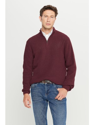 Altınyıldız Classics Erkek Bordo Pamuklu Standart Fit Normal Kesim Bato Yaka Jakarlı Triko Kazak