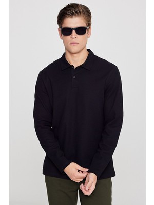 Altınyıldız Classics Erkek Siyah %100 Pamuk Jakarlı Triko Sweatshirt Uzun Kollu Slim Fit Dar Kesim Polo Yaka