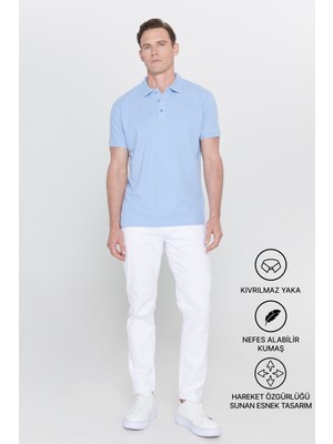 Altınyıldız Classics Erkek Açık Mavi %100 Pamuk Kıvrılmaz Pike Polo Yaka Slim Fit Dar Kesim Tişört