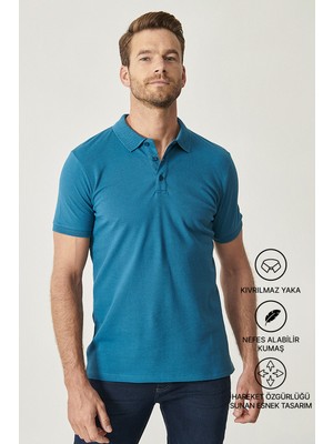 Altınyıldız Classics Erkek Havacı Mavi %100 Pamuk Kıvrılmaz Pike Polo Yaka Slim Fit Dar Kesim Tişört