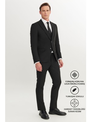 Altınyıldız Classics Erkek Siyah Slim Fit Dar Kesim Yelekli Takım Elbise Kırlangıç Yaka Kapak Cepli