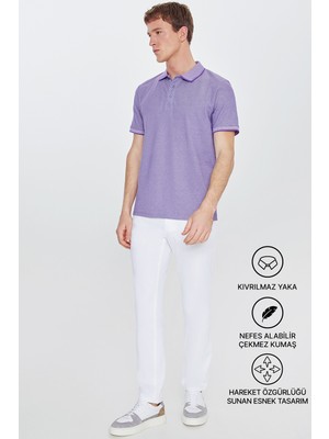 Altınyıldız Classics Erkek Çekmeyen Pamuklu Kumaş Slim Fit Dar Kesim Mor-Beyaz Kıvrılmaz Polo Yaka Tişört