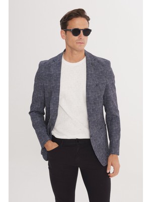 Altınyıldız Classics Erkek Lacivert Slim Fit Dar Kesim Mono Yaka Kazayağı Desenli Blazer Ceket