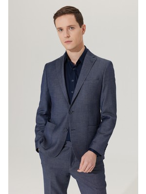 Altınyıldız Classics Erkek Lacivert Slim Fit Dar Kesim Mono Yaka Armürlü Takım Elbise