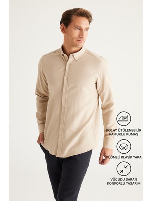 Altınyıldız Classics Erkek Oxford Kolay Ütülenebilir Pamuklu Terletmez Gömlek Bej Düğmeli Yaka Slim Fit Dar Kesim