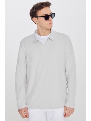 Altınyıldız Classics Erkek Gri %100 Pamuk Triko Sweatshirt Uzun Kollu Slim Fit Dar Kesim Polo Yaka Jakarlı