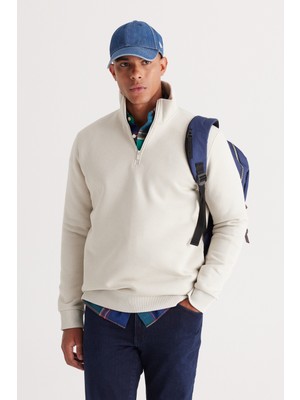 Altınyıldız Classics Erkek Bej İçi Polarlı Standart Fit Normal Kesim Fermuarlı Dik Bato Yaka Pamuklu Sweatshirt