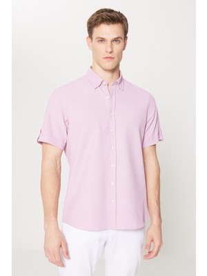 Altınyıldız Classics Erkek Lila Slim Fit Dar Kesim Gizli Düğme Yaka Kısa Kollu Gömlek