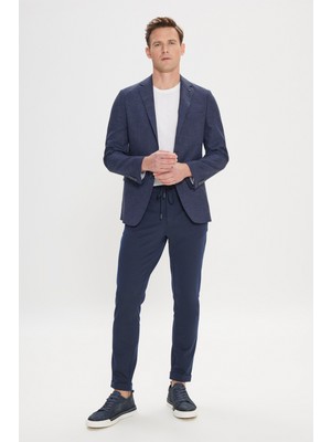 Altınyıldız Classics Erkek Lacivert Slim Fit Dar Kesim Mono Yaka Armürlü Blazer Ceket