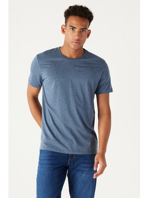 Altınyıldız Classics Erkek Indigo Melanj Pamuklu Slim Fit Dar Kesim Bisiklet Yaka Tişört