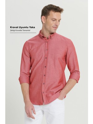 Altınyıldız Classics Erkek Oxford Kolay Ütülenebilir Pamuklu Terletmez Gömlek Bordo Düğmeli Yaka Slim Fit Dar Kesim