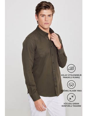 Altınyıldız Classics Erkek Oxford Kolay Ütülenebilir Pamuklu Terletmez Gömlek Haki Düğmeli Yaka Slim Fit Dar Kesim