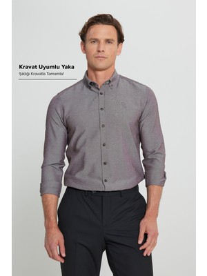 Altınyıldız Classics Erkek Oxford Kolay Ütülenebilir Pamuklu Terletmez Gömlek Kahverengi Düğmeli Yaka Slim Fit Dar Kesim