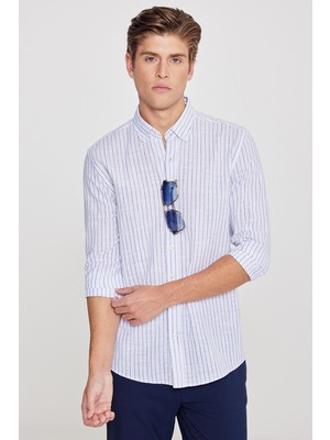 Altınyıldız Classics Erkek Lacivert %100 Pamuk Slim Fit Dar Kesim Düğmeli Yaka Armürlü Gömlek