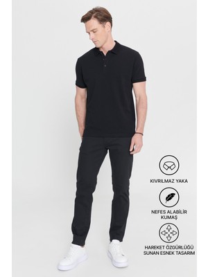 Altınyıldız Classics Erkek Siyah %100 Pamuk Kıvrılmaz Pike Polo Yaka Slim Fit Dar Kesim Tişört