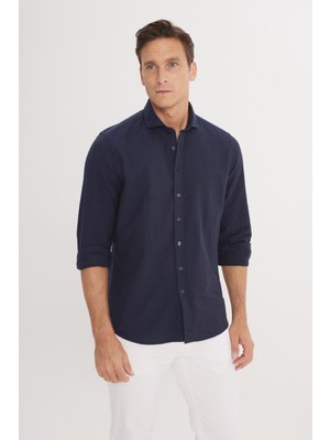 Altınyıldız Classics Erkek Lacivert Slim Fit Dar Kesim Italyan Yaka %100 Pamuk Gofre Gömlek