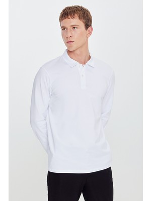 Altınyıldız Classics Erkek Beyaz Pamuklu Slim Fit Dar Kesim Polo Yaka Uzun Kollu Esnek Tişört