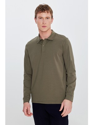 Altınyıldız Classics Erkek Haki Pamuklu Slim Fit Dar Kesim Polo Yaka Uzun Kollu Esnek Tişört