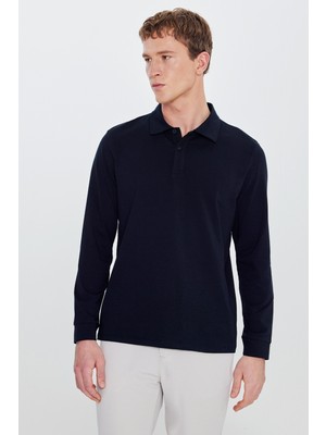 Altınyıldız Classics Erkek Lacivert Pamuklu Slim Fit Dar Kesim Polo Yaka Uzun Kollu Esnek Tişört
