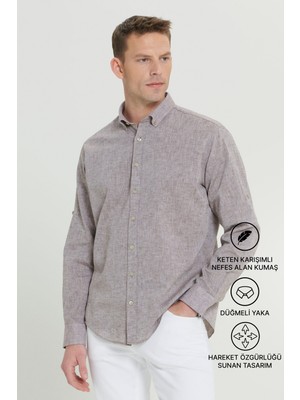Altınyıldız Classics Erkek Kahverengi Keten Comfort Fit Rahat Kesim Düğmeli Yaka Casual Gömlek