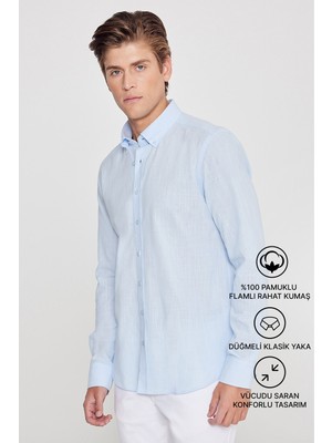 Altınyıldız Classics Erkek Açık Mavi %100 Pamuk Nefes Alabilen Kumaş Flamlı Slim Fit Düğmeli Yaka Gömlek