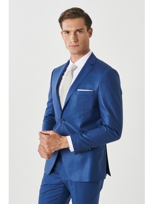 Altınyıldız Classics Erkek Mavi Eksta Yünlü Slim Fit Dar Kesim Mono Yaka Kareli Mavi Takım Elbise