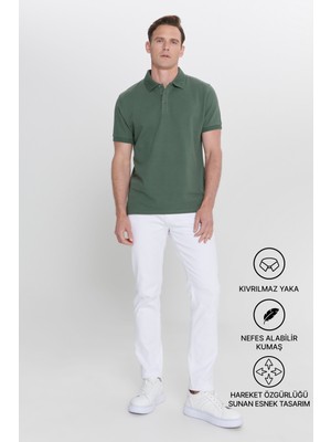 Altınyıldız Classics Erkek Haki %100 Pamuk Kıvrılmaz Pike Polo Yaka Slim Fit Dar Kesim Tişört