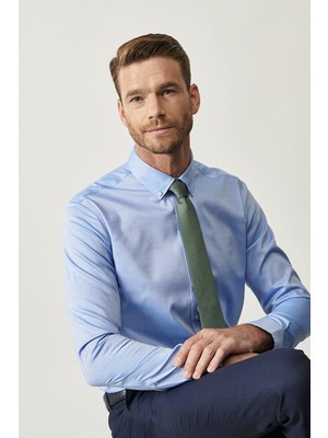 Altınyıldız Classics Erkek Mavi Mavi Ütü Gerektirmeyen Non-ıron Tailored Slim Fit Dar Kesim Gömlek