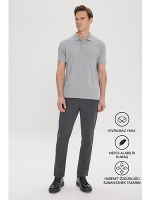 Altınyıldız Classics Erkek Gri Melanj %100 Pamuk Kıvrılmaz Pike Polo Yaka Slim Fit Dar Kesim Tişört