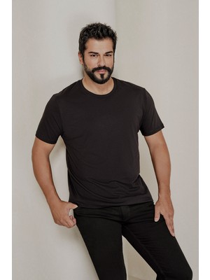 AC&Co / Altınyıldız Classics Erkek Siyah %100 Pamuk Slim Fit Dar Kesim Bisiklet Yaka Tişört