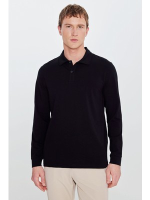 Altınyıldız Classics Erkek Siyah Pamuklu Slim Fit Dar Kesim Polo Yaka Uzun Kollu Esnek Tişört