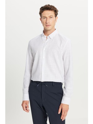 Altınyıldız Classics Erkek Gri %100 Pamuk Slim Fit Dar Kesim Düğmeli Yaka Armürlü Gömlek