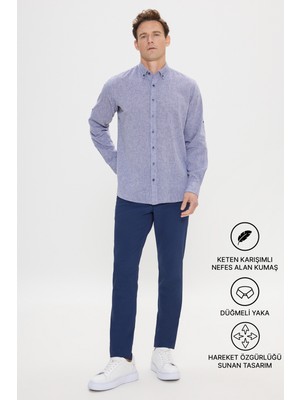 Altınyıldız Classics Erkek Lacivert Keten Comfort Fit Rahat Kesim Düğmeli Yaka Casual Gömlek