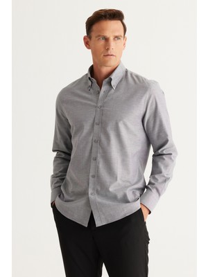 Altınyıldız Classics Erkek Gri Slim Fit Dar Kesim Düğmeli Yaka %100 Pamuk Oxford Gömlek