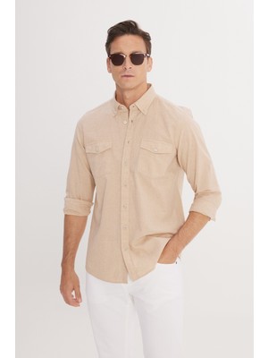 Altınyıldız Classics Erkek Bej Slim Fit Dar Kesim Düğmeli Yaka Oxford %100 Pamuk Gömlek